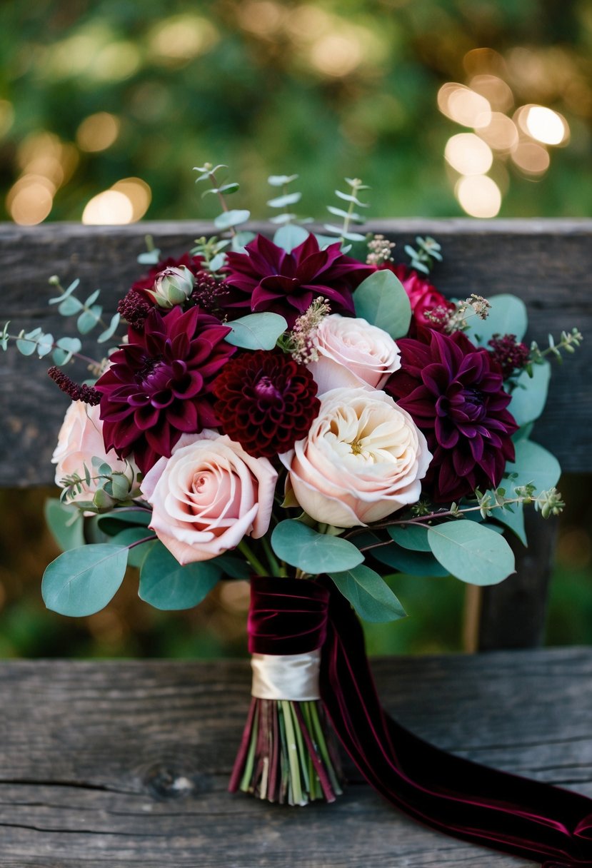 A rustic wedding bouquet featuring deep burgundy dahlias, blush roses, and eucalyptus, tied with velvet ribbon