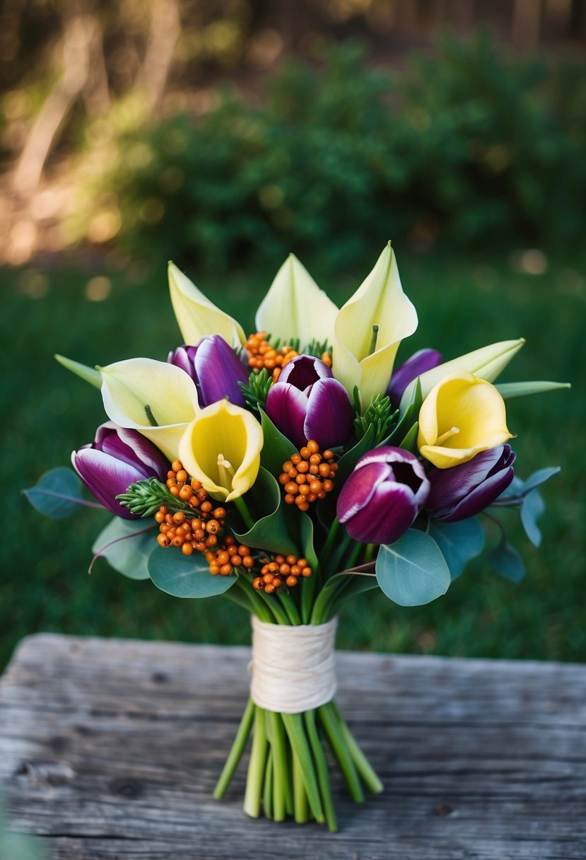 A rustic wedding bouquet with tulips, calla lilies, and tucked-in berries