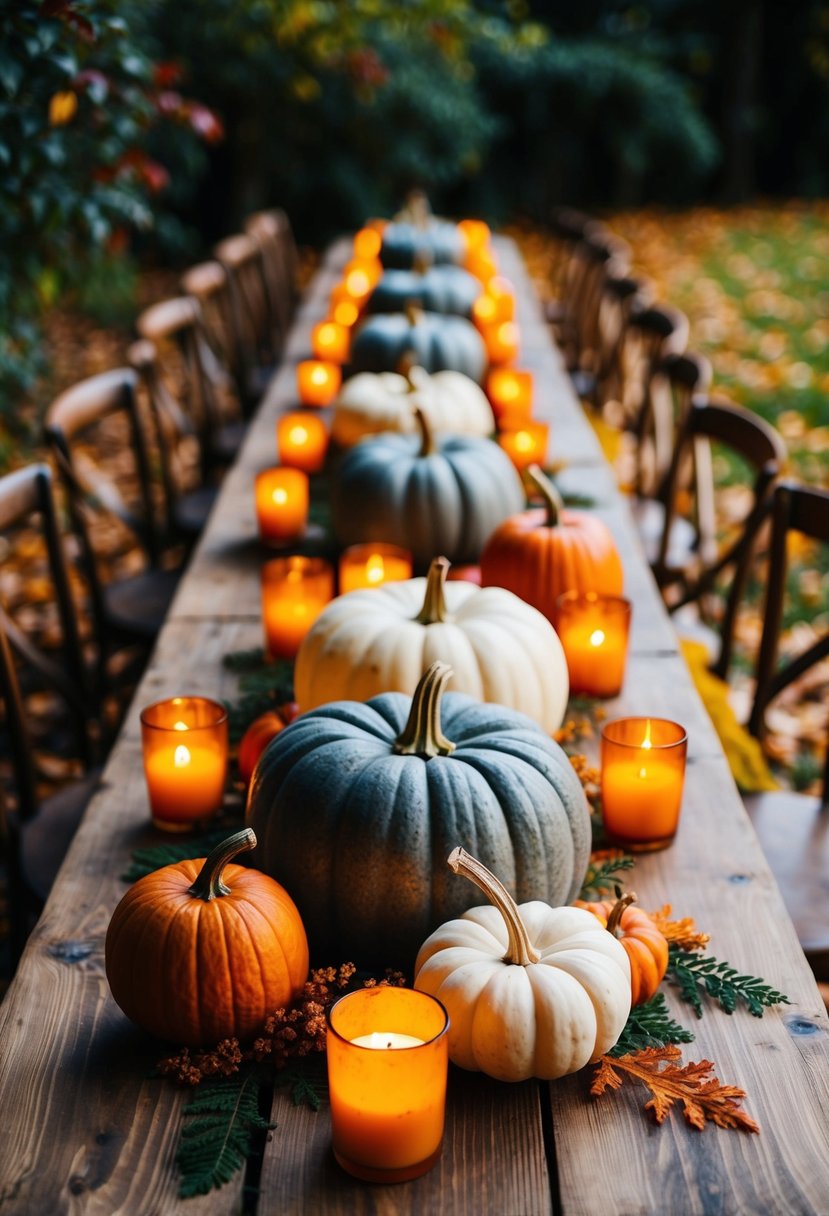 A wooden table adorned with rustic pumpkin centerpieces, surrounded by autumn foliage and warm candlelight