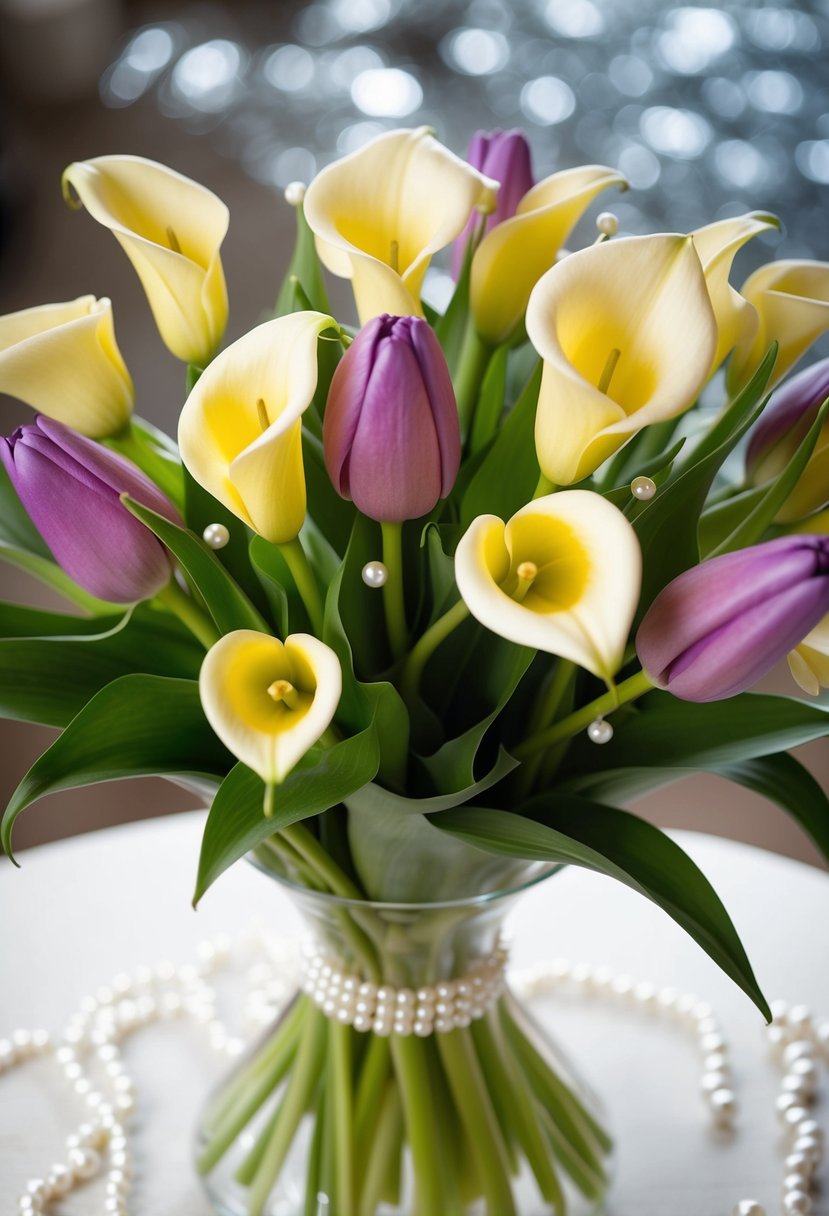 A bouquet of calla lilies and tulips arranged with pearl pins for an elegant touch