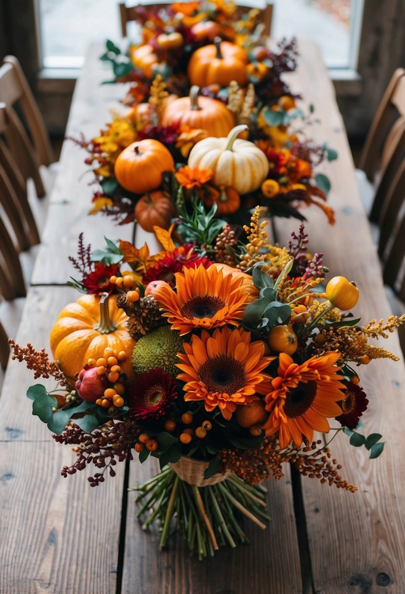 A rustic wooden table adorned with an assortment of harvest-themed bouquets, featuring rich autumnal colors and a variety of seasonal flowers and foliage