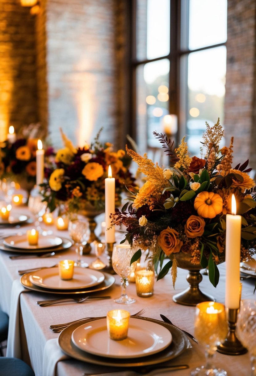 A table adorned with candlelit floral arrangements in warm fall colors, creating a romantic and elegant atmosphere for a wedding celebration