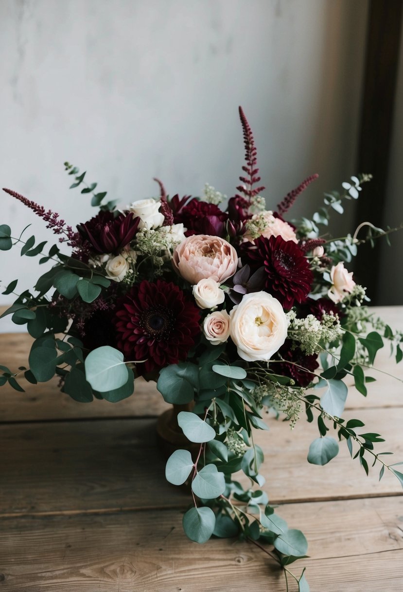 A rustic wooden table adorned with a lush bouquet of deep burgundy, blush pink, and ivory flowers, accented with eucalyptus and trailing greenery