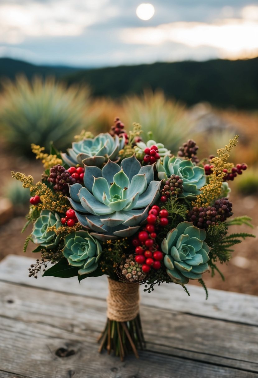 A rustic wedding bouquet featuring succulents, berries, and earthy textures