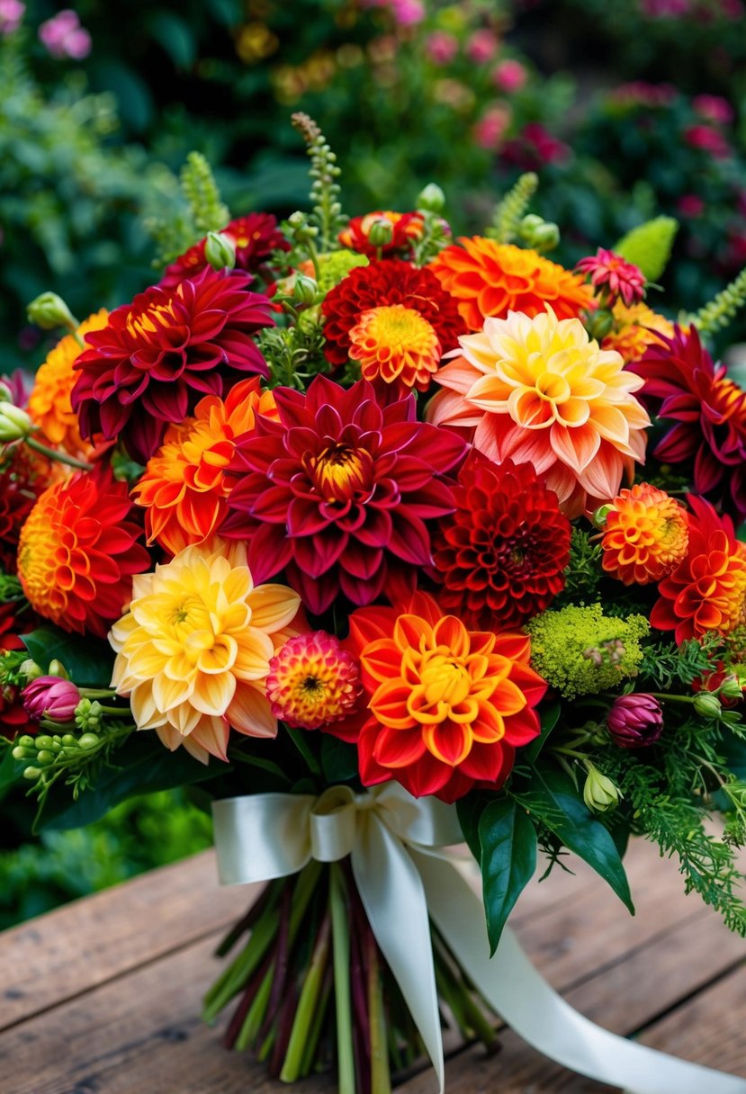 A lush bouquet of dahlias in rich reds, oranges, and yellows, accented with greenery and tied with a satin ribbon