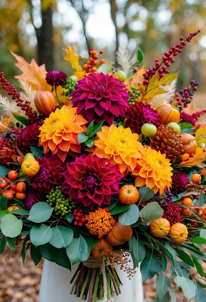 A vibrant, asymmetrical bouquet bursting with mixed dahlias, accented by autumn foliage and berries, creating a stunning statement piece for a fall wedding