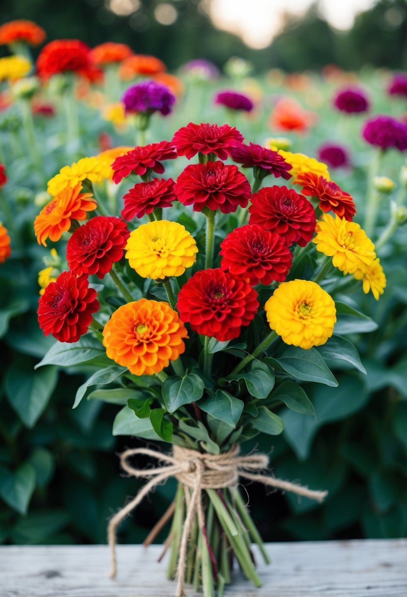 A vibrant bouquet of zinnias tied with rustic twine