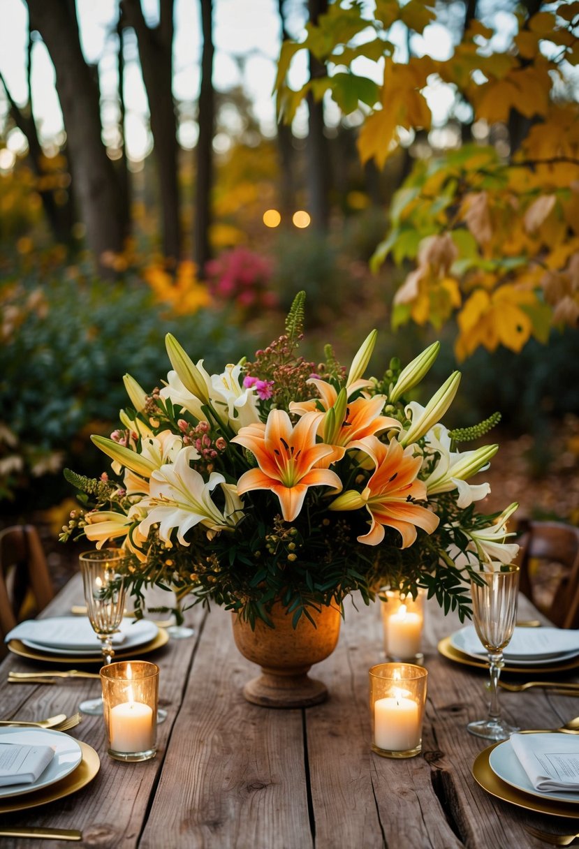 A rustic wooden table adorned with a lush bouquet of lisianthus and lilies, surrounded by autumn foliage and glowing candlelight