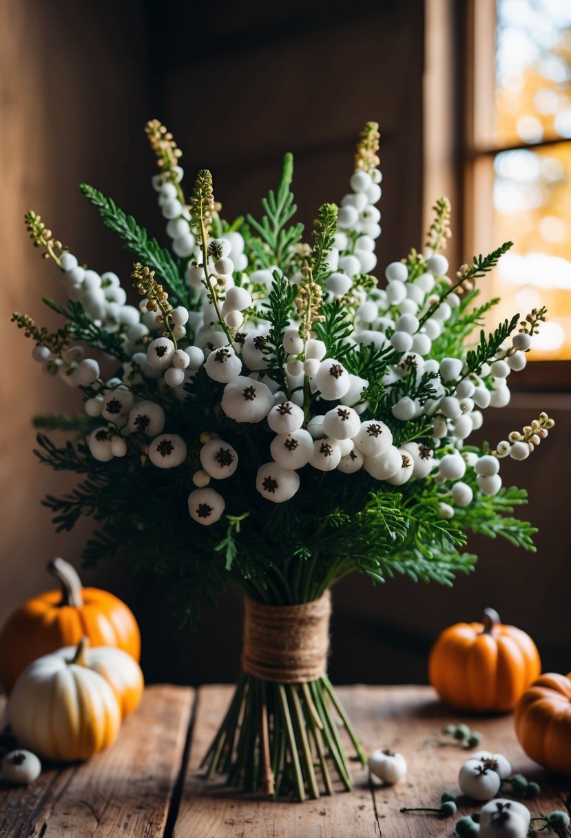 A bouquet of white snowberries and greenery arranged in a rustic, autumn-themed setting with warm lighting