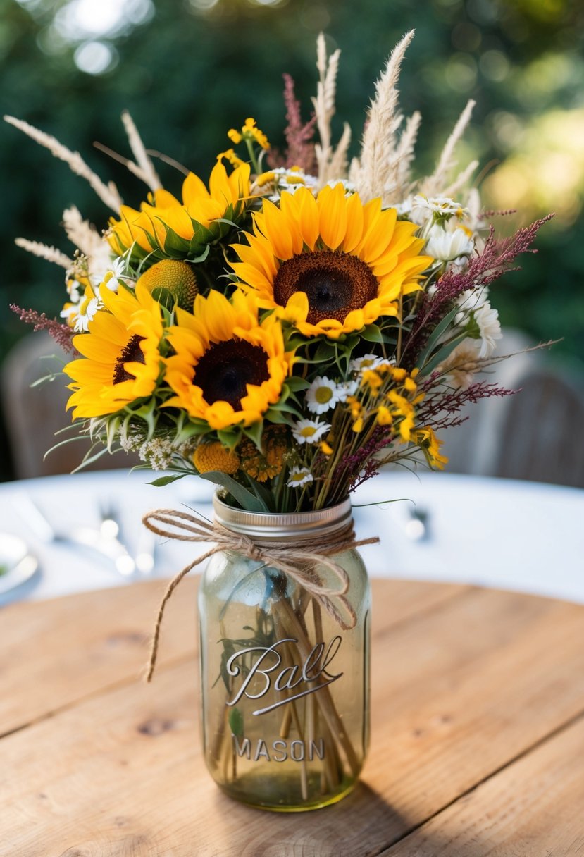 A rustic charm fall wedding bouquet featuring sunflowers, daisies, and wild grasses, tied with twine and displayed in a vintage mason jar