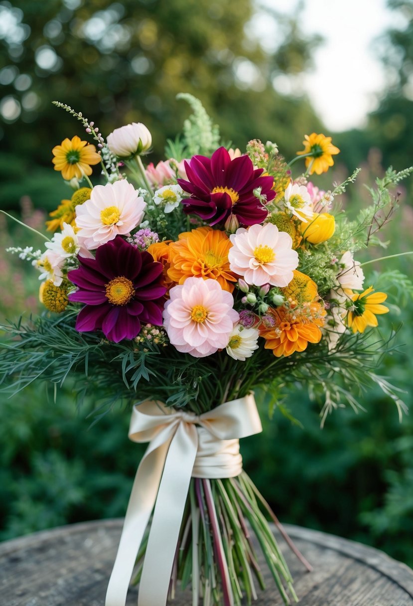 A lush bouquet of cosmos, dahlias, and wildflowers in shades of September, accented with delicate greenery and tied with a satin ribbon