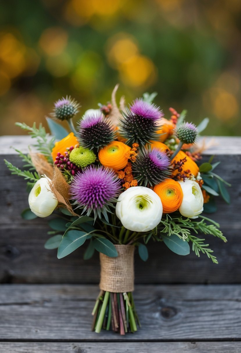 A rustic, autumn-themed bouquet featuring thistles and ranunculus, accented with greenery and tied with a burlap ribbon