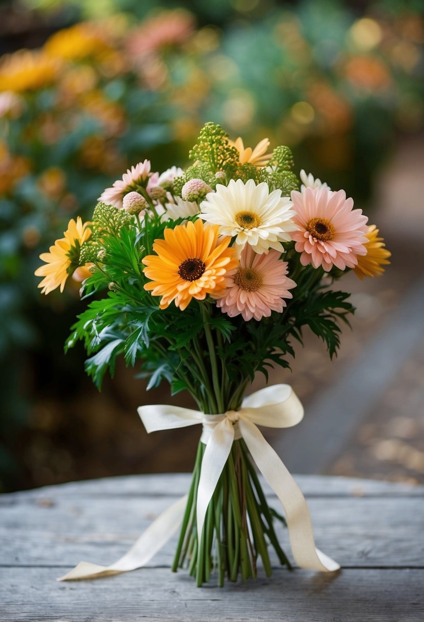 A simple bouquet of Ammi Majus flowers in soft September colors, tied with a delicate ribbon, resting on a rustic wooden table