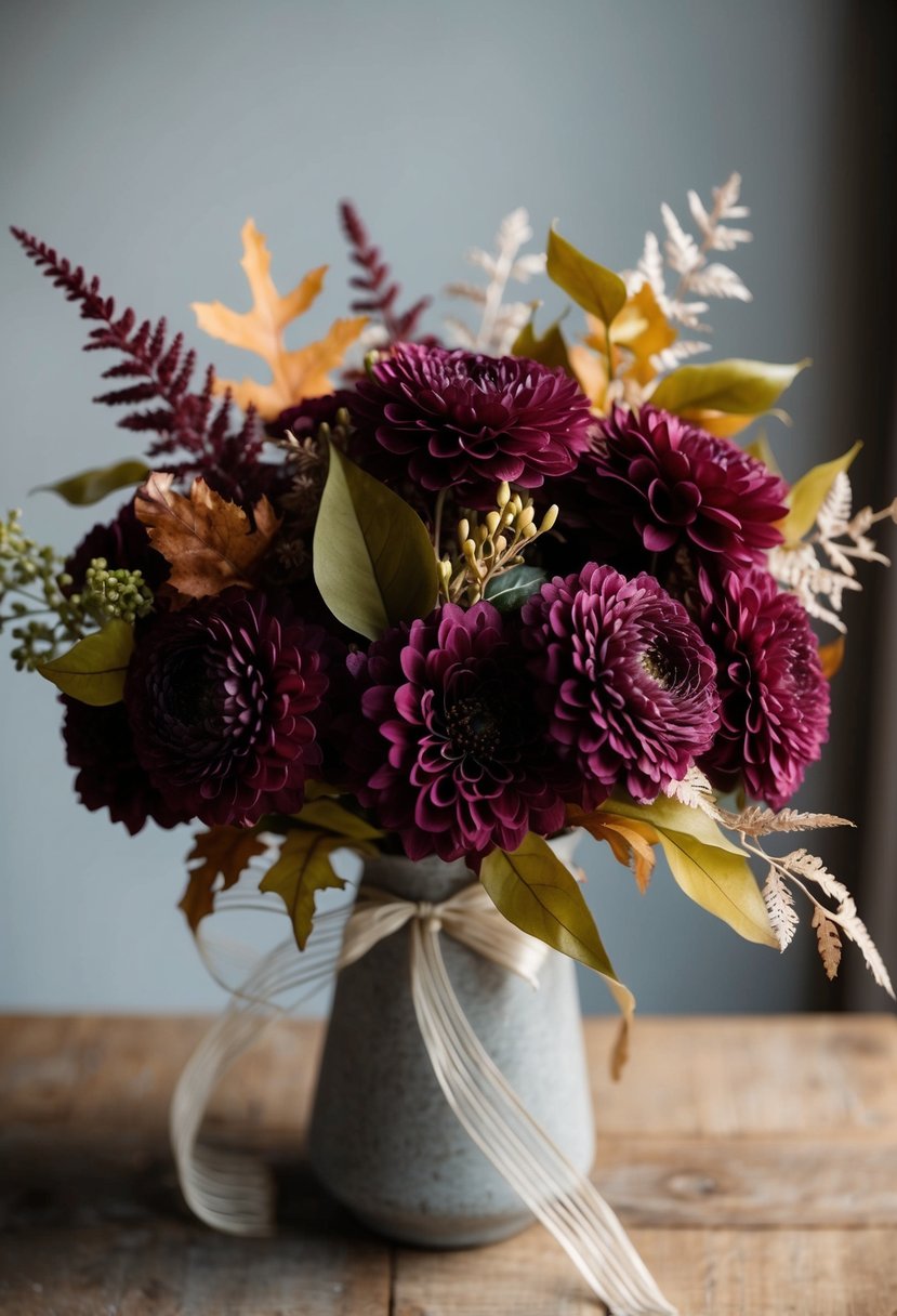 A bouquet of silk flowers in rich burgundy tones, accented with autumn foliage and delicate ribbon, arranged in a rustic vase