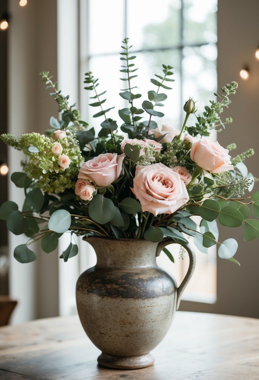 A lush bouquet of lisianthus, eucalyptus, and blush roses in a rustic, vintage-inspired vase