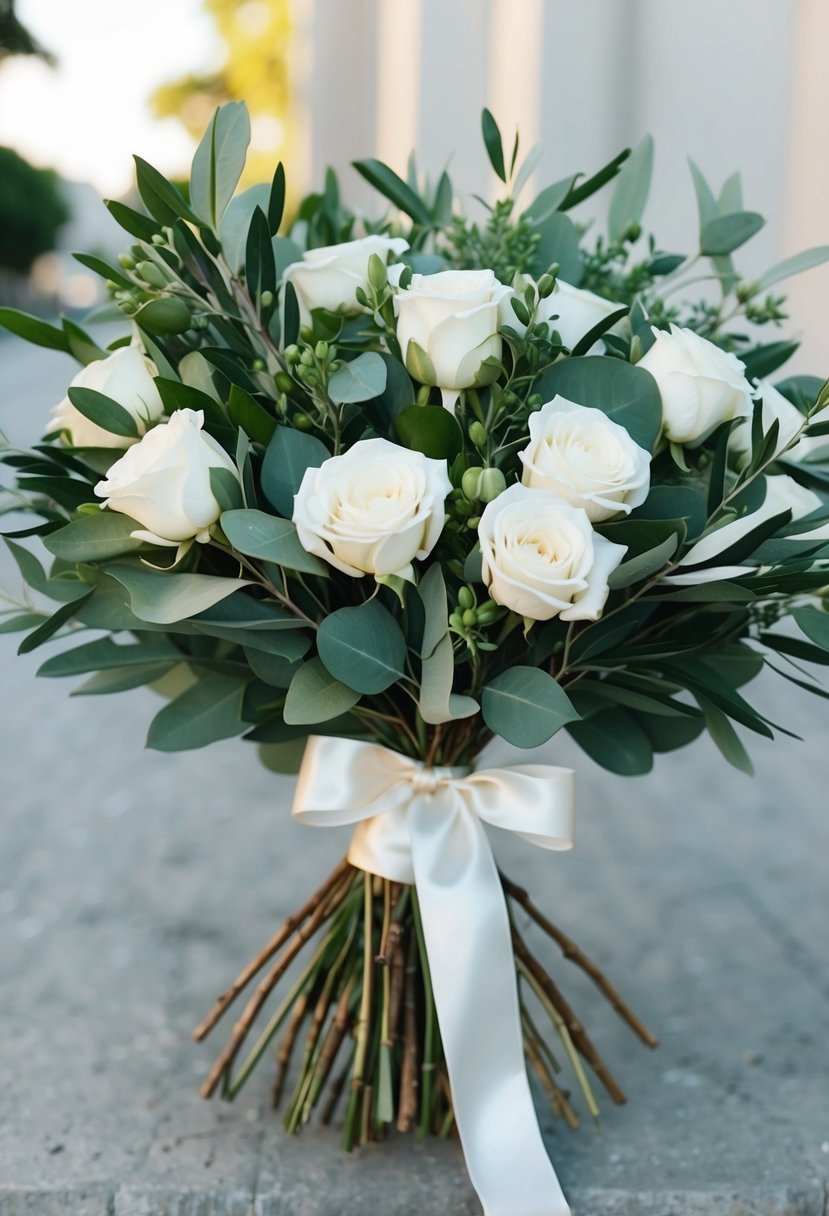 A lush bouquet of olive branches, eucalyptus, and white roses tied with a satin ribbon