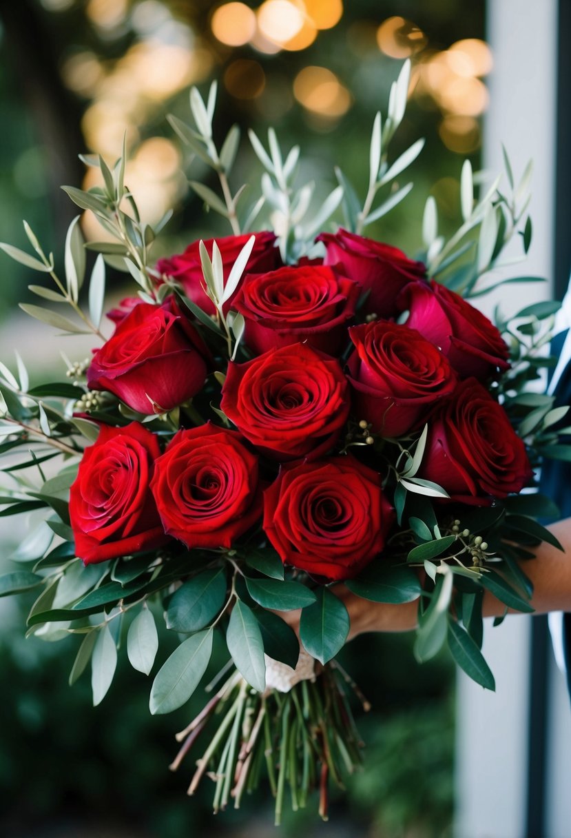 A lush bouquet of red roses intertwined with delicate olive branches, creating a romantic and elegant wedding arrangement