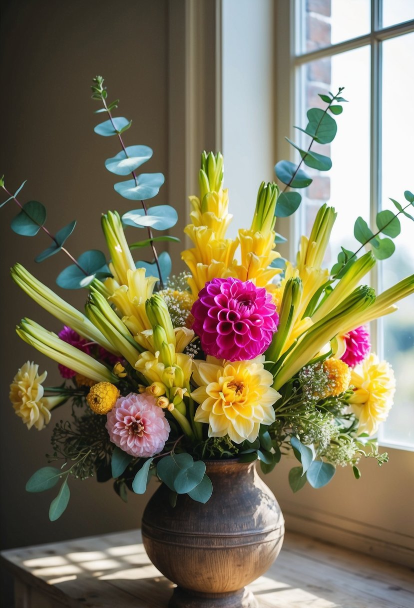 A vibrant bouquet of gladioli, dahlias, and eucalyptus arranged in a rustic, wooden vase. Sunshine streams through a window, casting soft shadows on the flowers