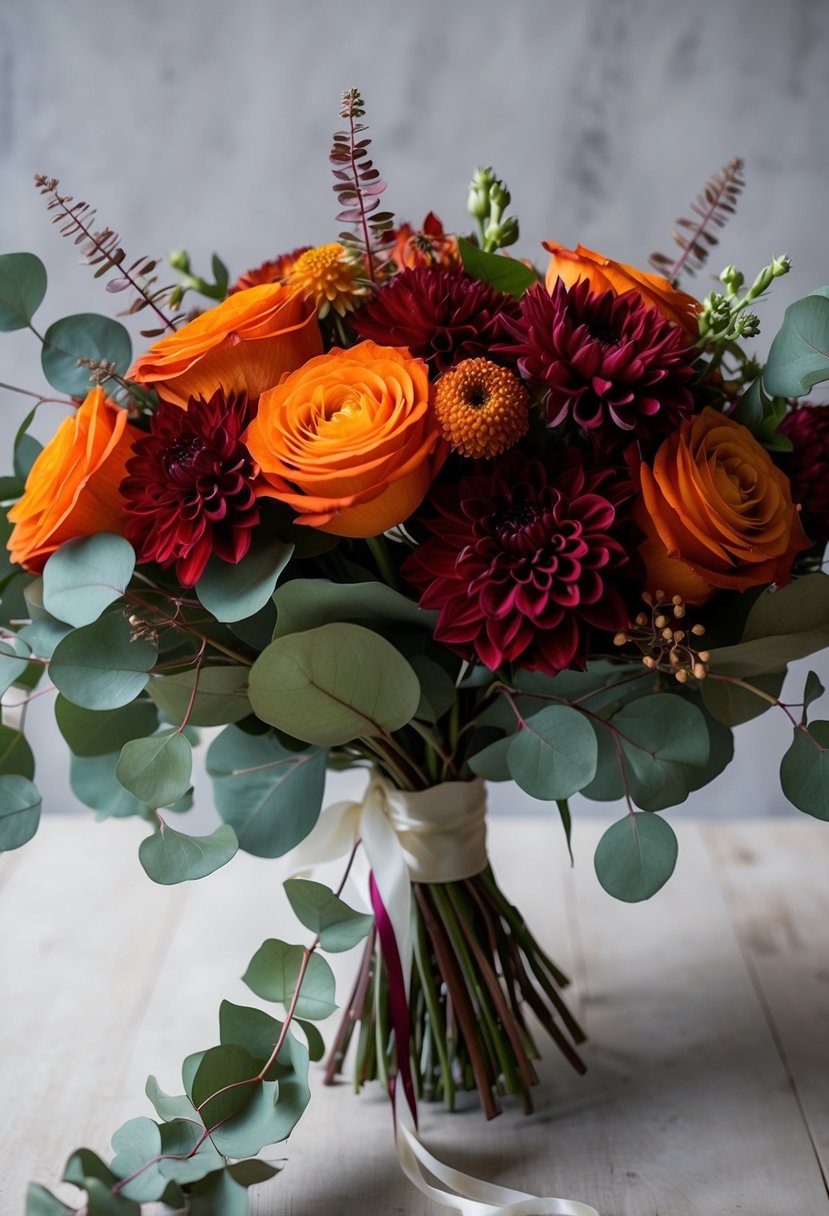 A bouquet of burnt orange roses, deep red dahlias, and lush green eucalyptus leaves arranged in a rustic, hand-tied style with trailing ribbons