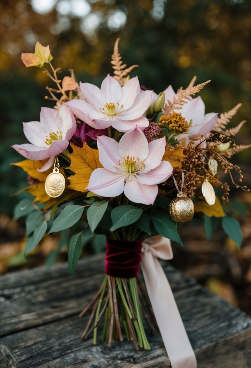 A rustic bouquet of blush clematis, golden charms, and autumn foliage, tied with a velvet ribbon