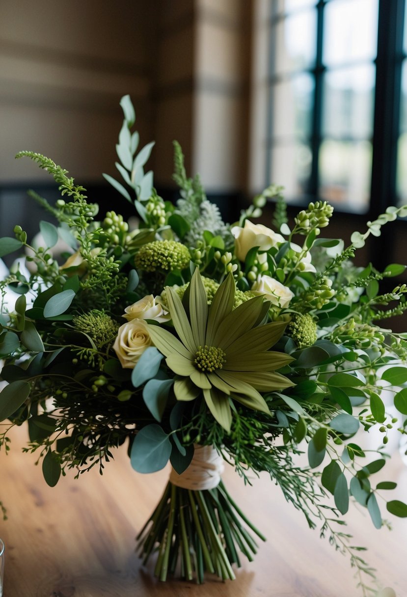 A lush bouquet of Sola wood flowers in shades of olive, accented with delicate greenery and foliage, creating a stunning wedding centerpiece