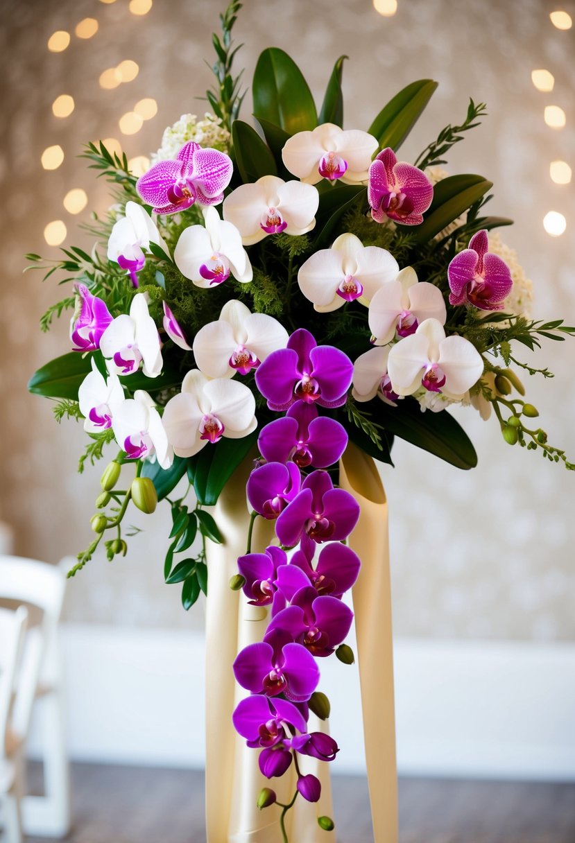 A lush bouquet of cascading orchids in shades of white, pink, and purple, accented with greenery and tied with a satin ribbon