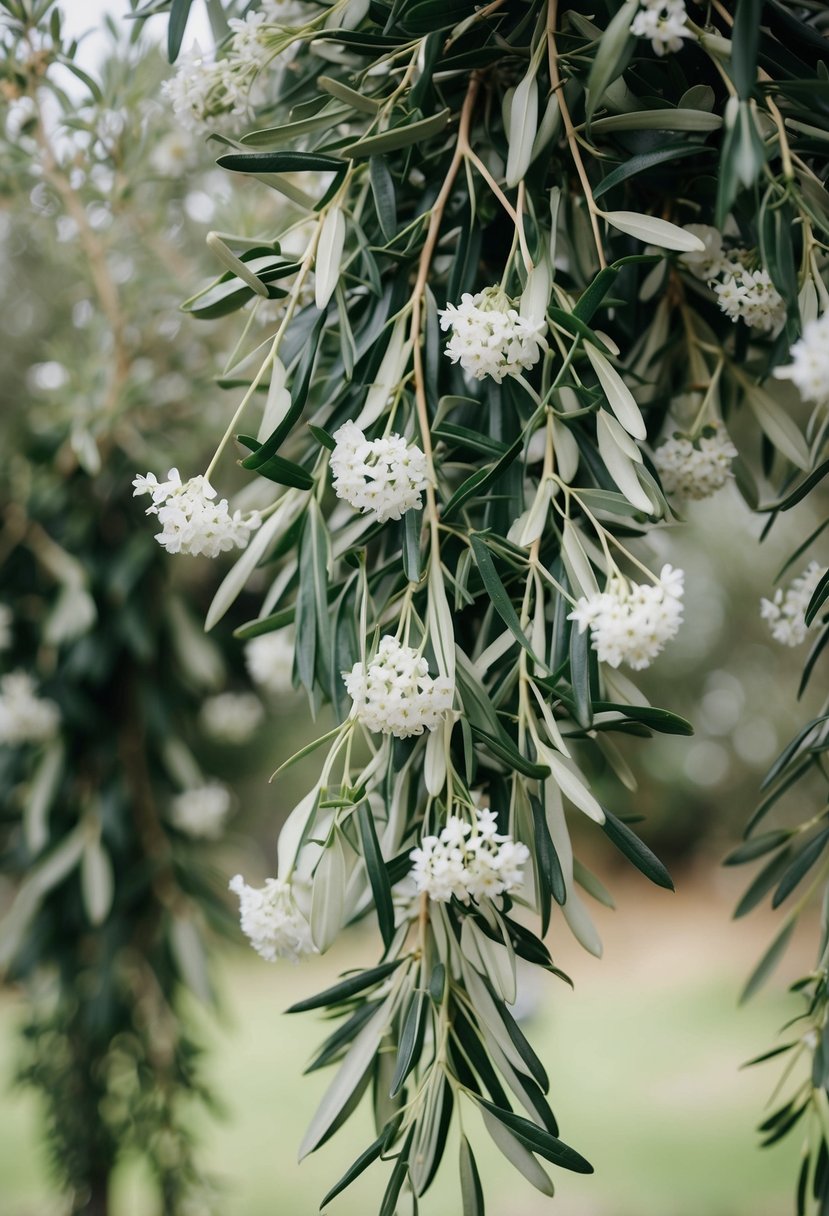 A cascading bouquet of olive branches with delicate white flowers