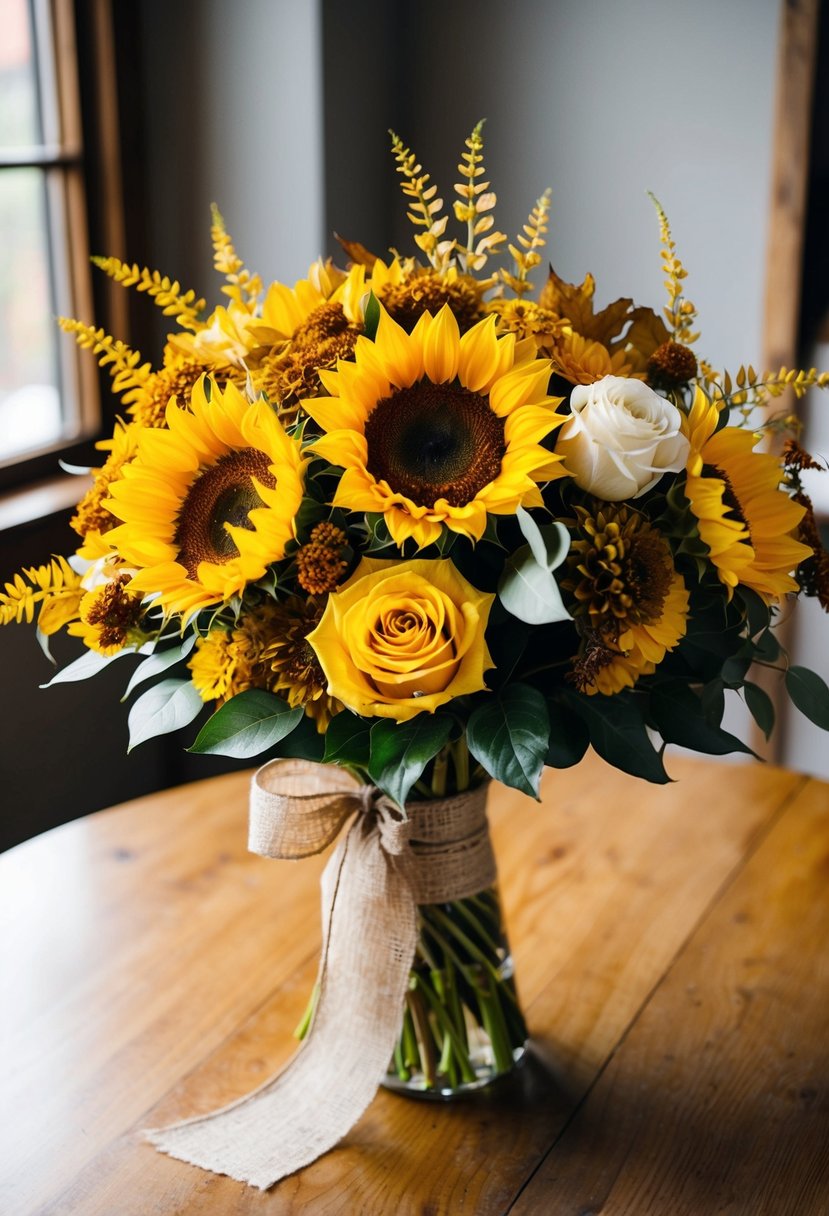 A golden yellow bouquet of sunflowers, roses, and fall foliage, tied with a rustic ribbon, sits on a wooden table