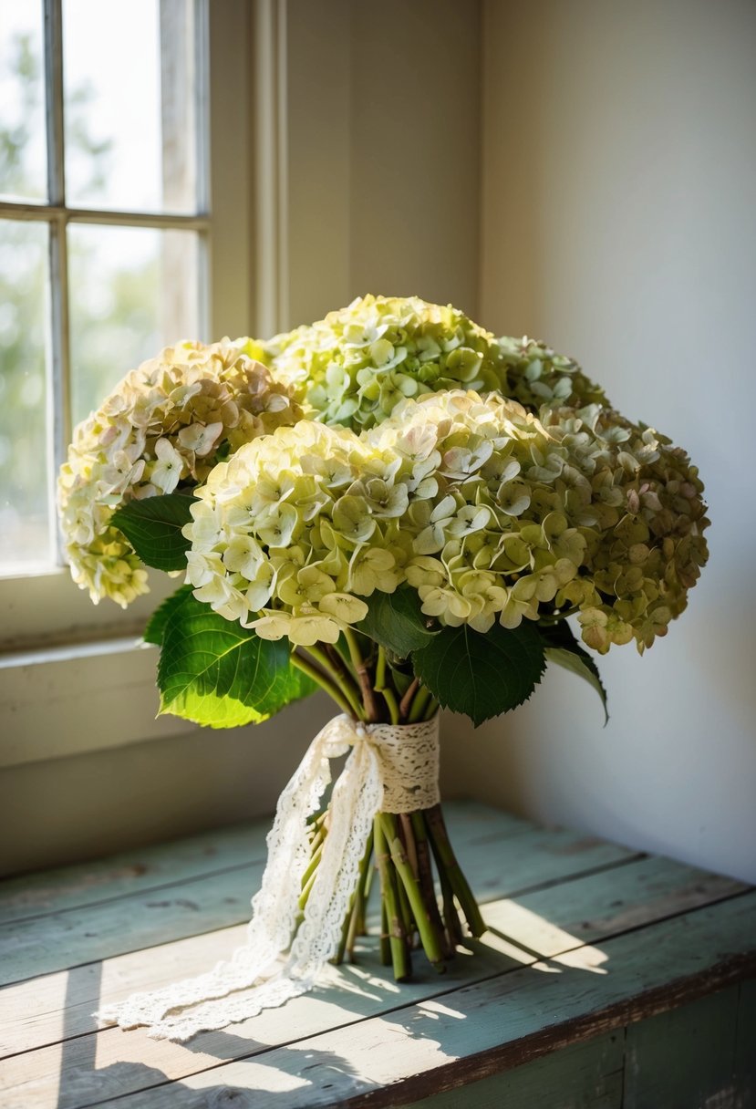 A rustic bouquet of vintage hydrangeas, tied with lace, sits atop a weathered wooden table. Sunshine filters through a nearby window, casting a warm glow on the delicate blooms