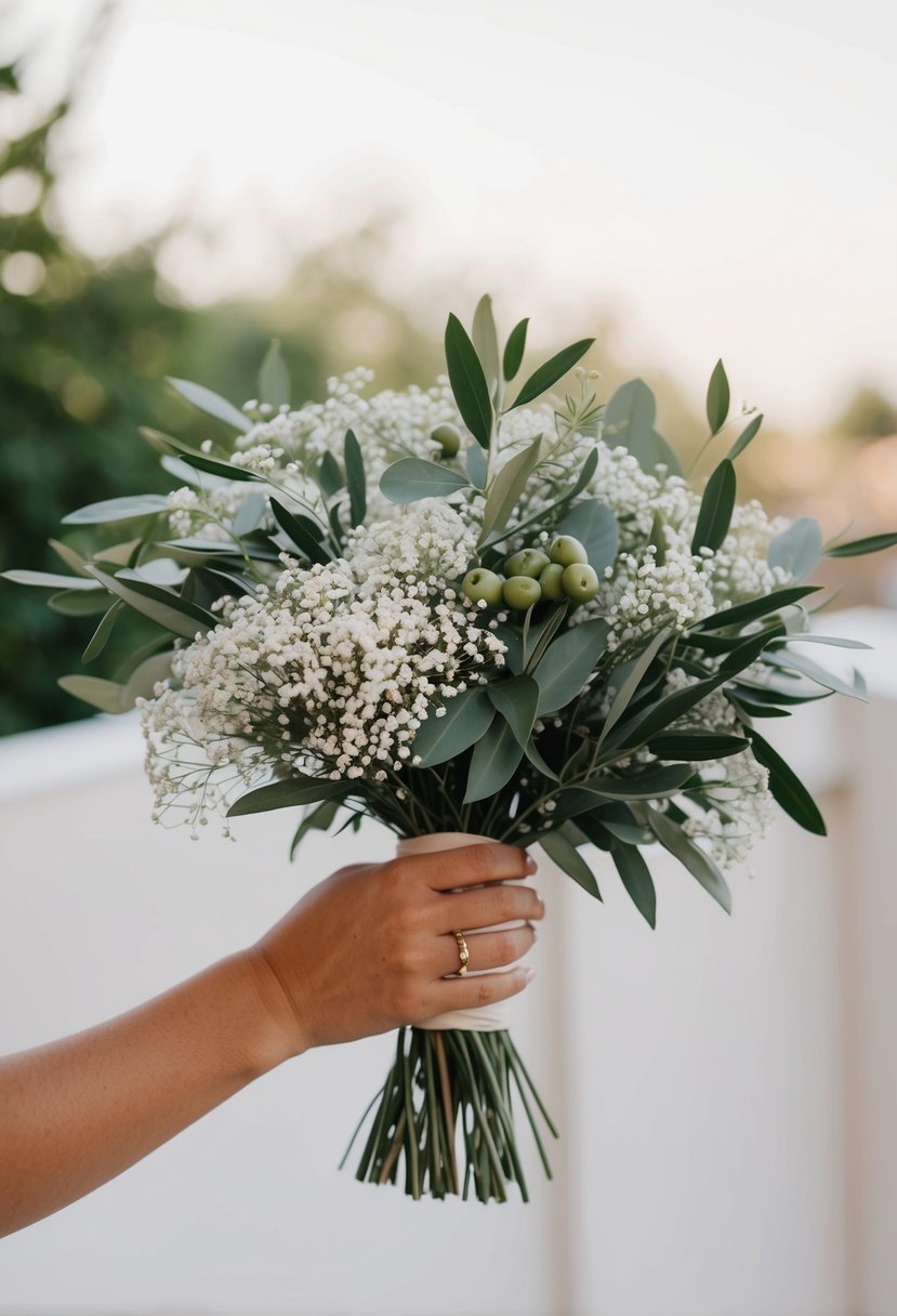 A simple, elegant olive and baby's breath wedding bouquet with minimalistic design