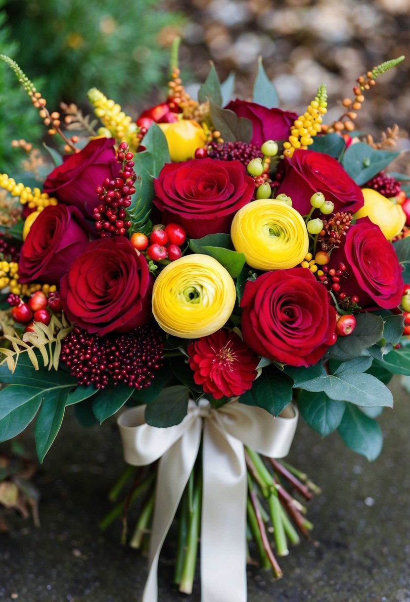 A lush bouquet of red roses and yellow ranunculus, accented with autumn foliage and berries, tied with a satin ribbon