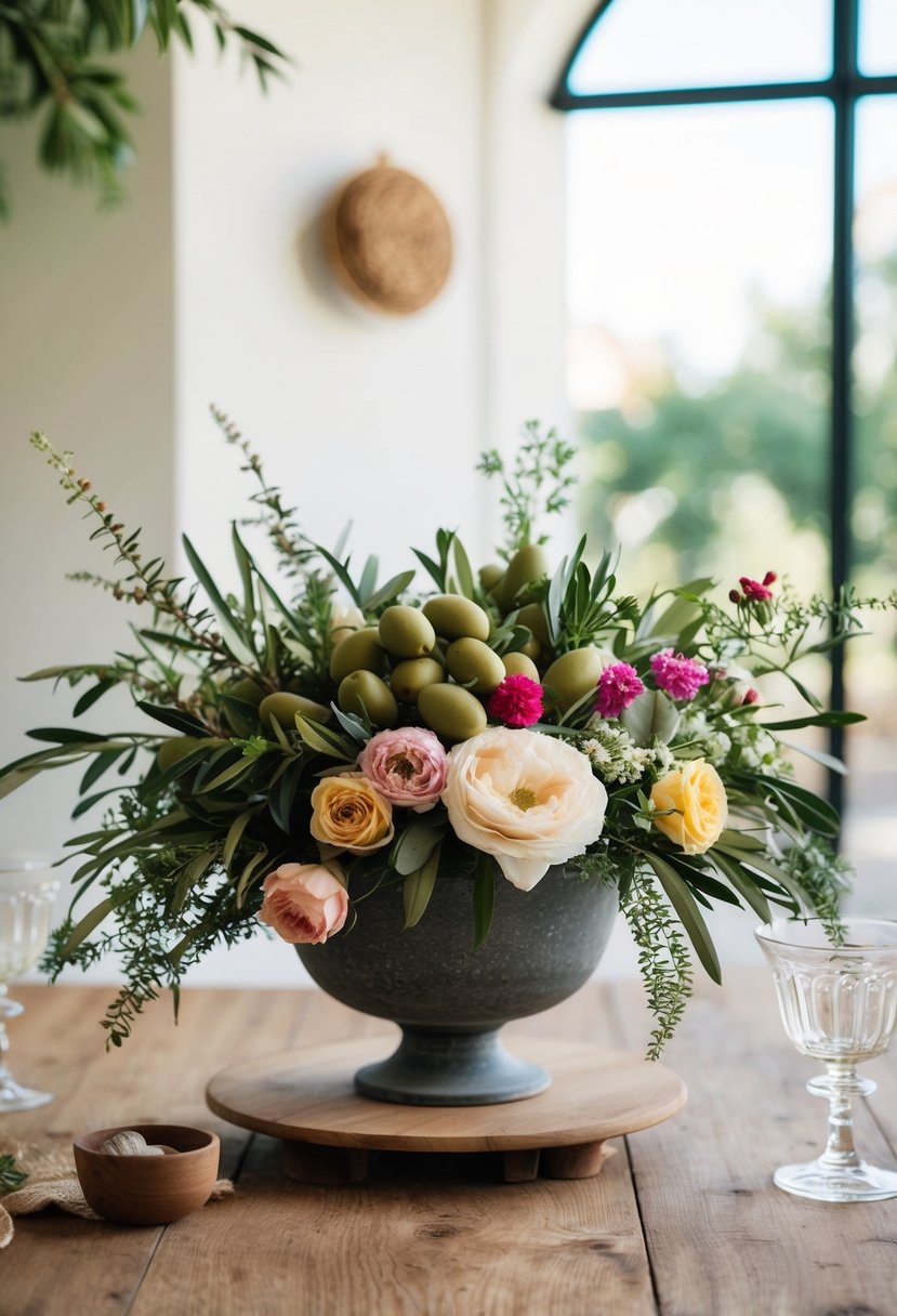 A rustic olive and floral arrangement with Greek-inspired elements