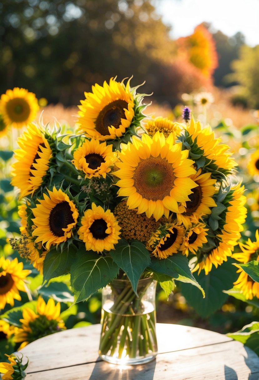 A vibrant bouquet of sunflowers and wildflowers, bathed in warm sunlight, with a hint of autumn foliage in the background