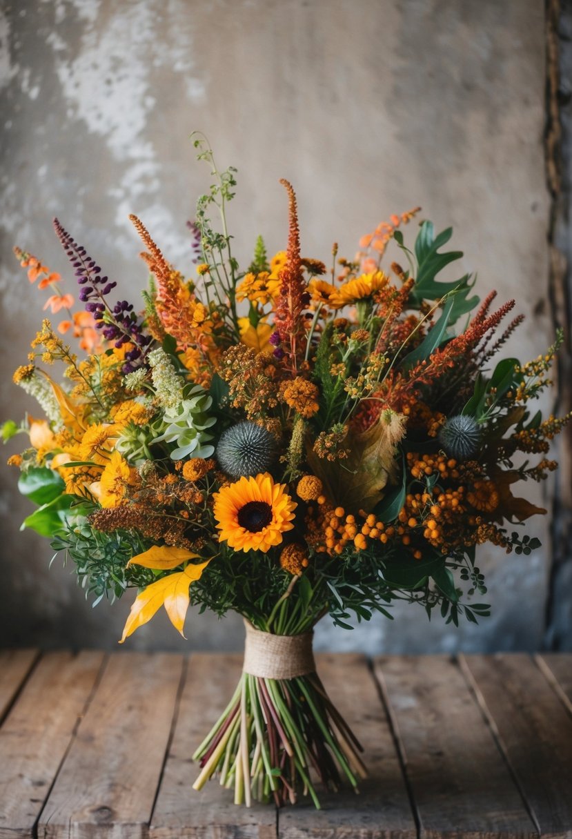 A vibrant fall bouquet bursting with wildflowers and unique foliage, set against a rustic backdrop