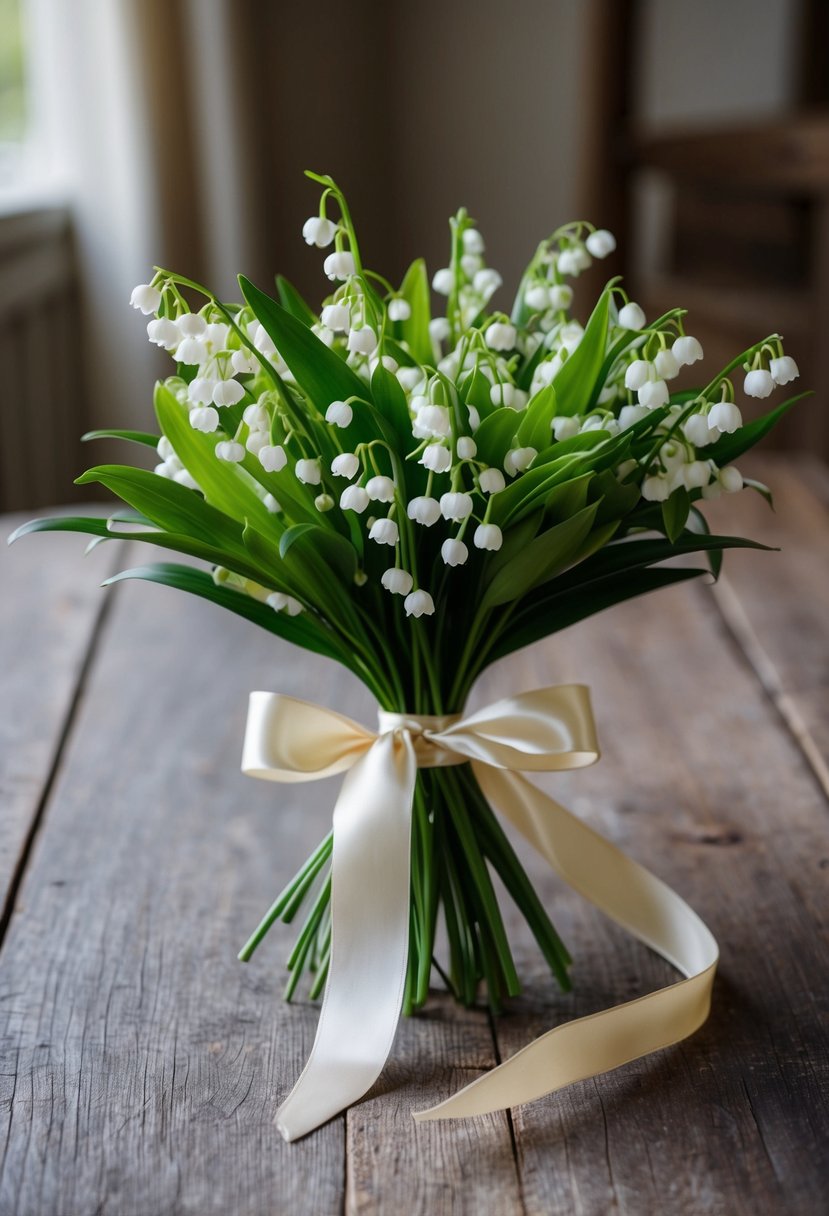 A delicate bouquet of lily of the valley and olive greenery, tied with a satin ribbon, sits on a rustic wooden table