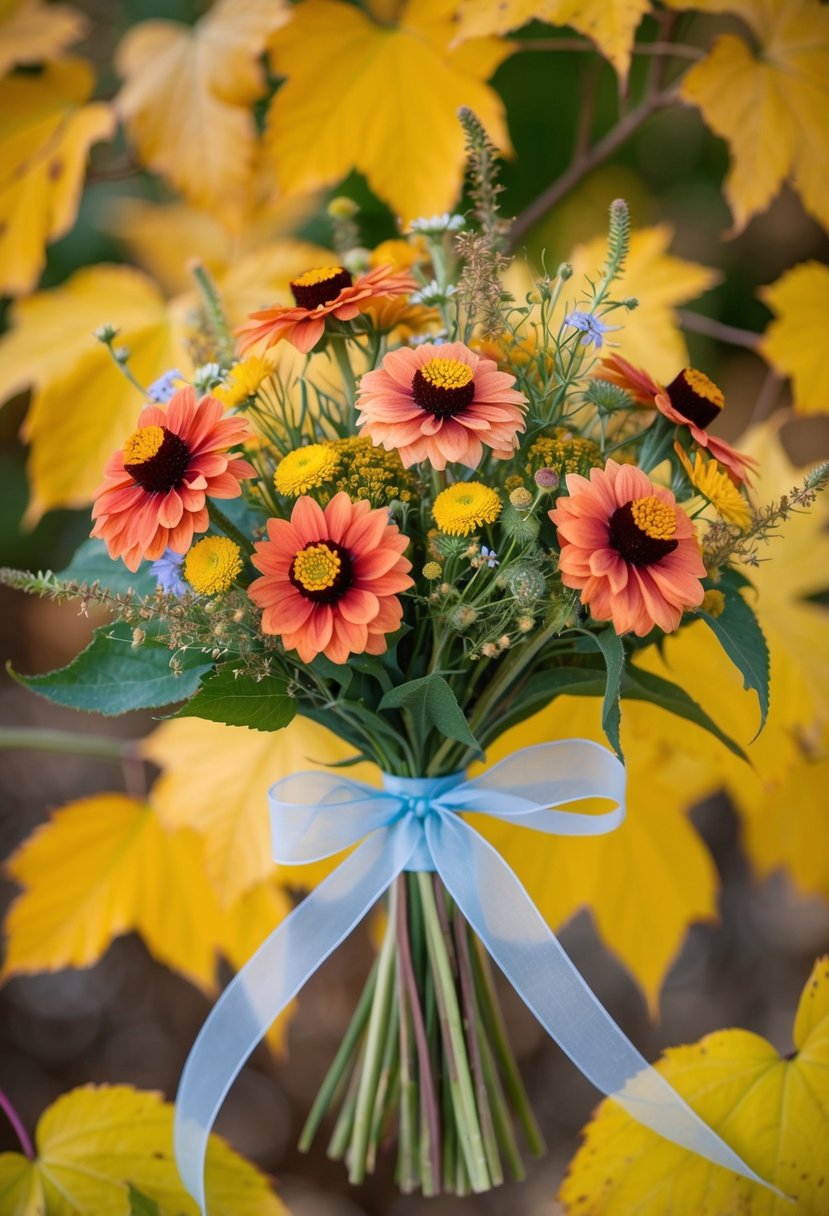 A bouquet of whimsical Rudbeckias, mixed with dainty wildflowers, tied with a flowing ribbon, set against a backdrop of golden autumn leaves