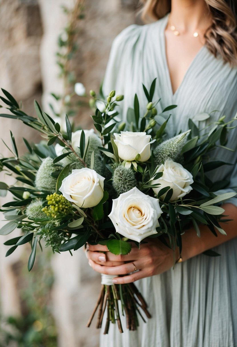 A rustic bouquet of olive branches and white roses arranged in a loose, organic style, with a mix of textures and greenery