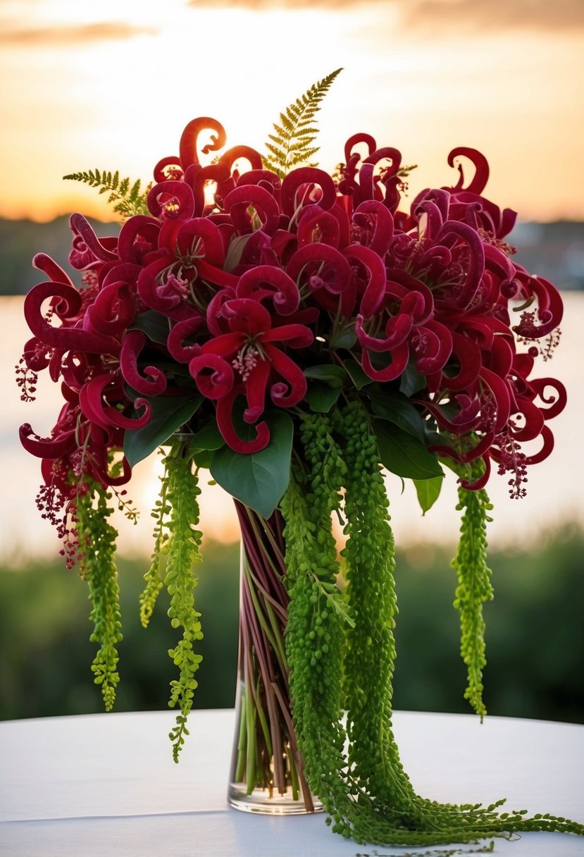 A vibrant bouquet of deep red Amaranthus, with cascading greenery, against a golden sunset backdrop