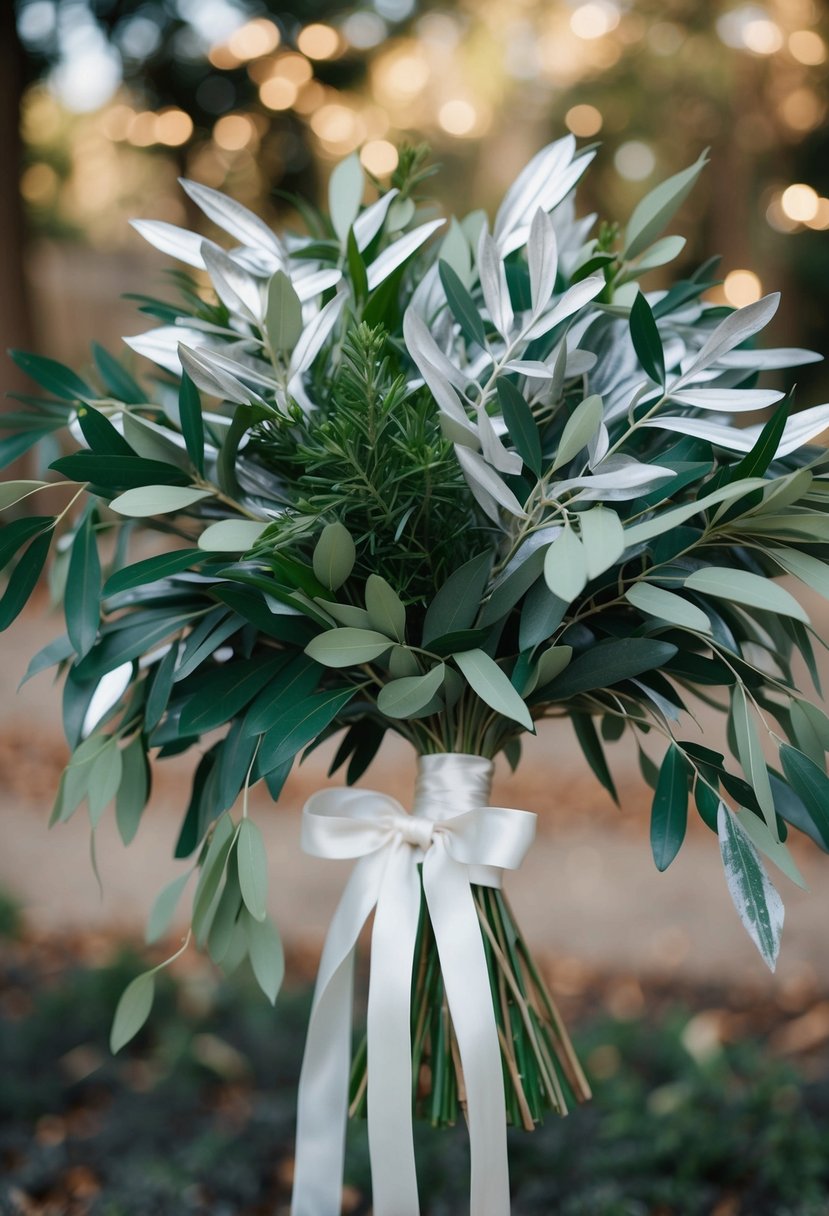 A cascading bouquet of olive and silver leaves, tied with a delicate ribbon