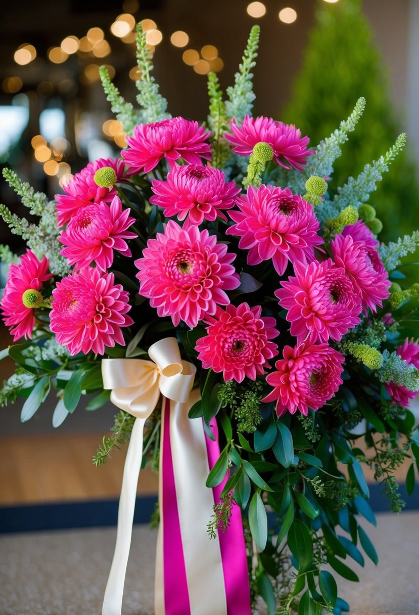 Vibrant chrysanthemums arranged in a cascading bouquet, accented with greenery and tied with a satin ribbon