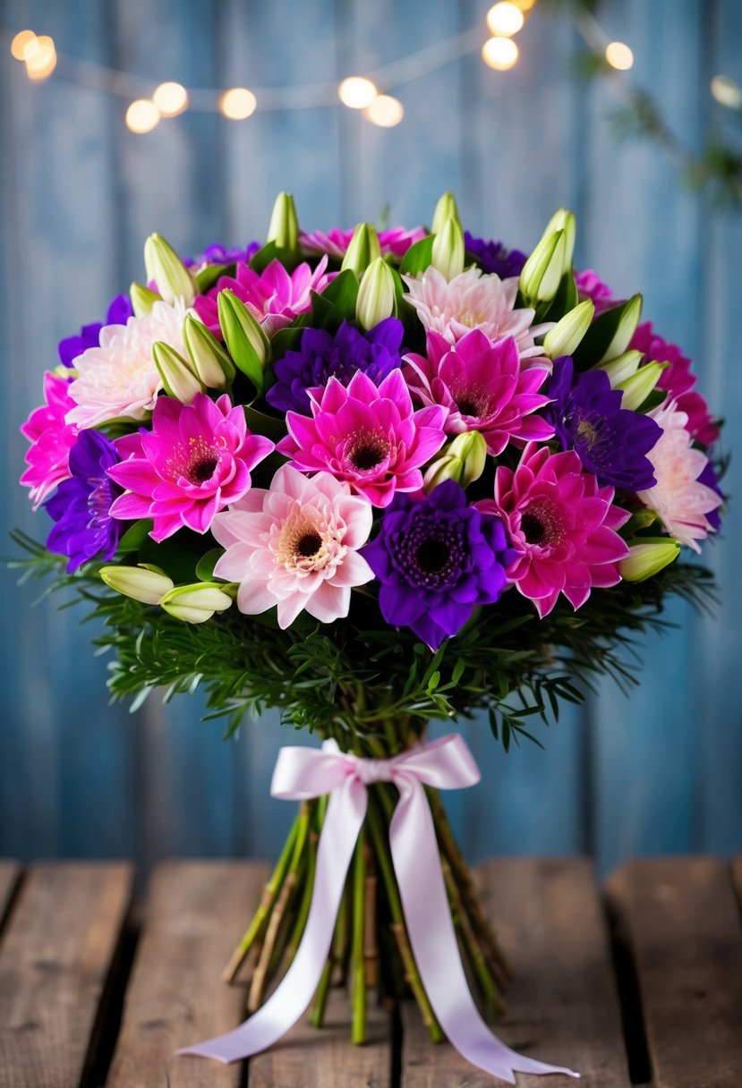 A vibrant bouquet of alstroemerias in shades of pink, purple, and white arranged with greenery and tied with a satin ribbon