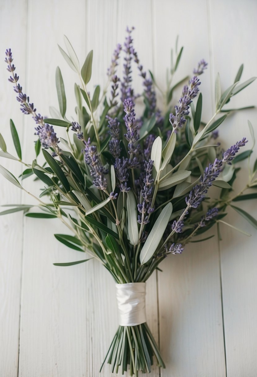 A delicate bundle of olive branches and lavender stems arranged in a soft, romantic wedding bouquet