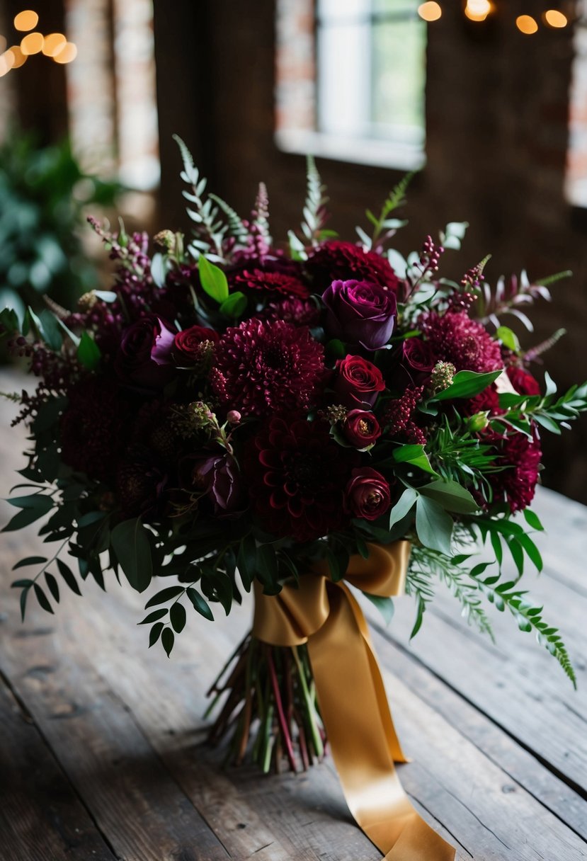 A lush bouquet of deep burgundy flowers and rich greenery, accented with elegant gold ribbon, sits on a rustic wooden table