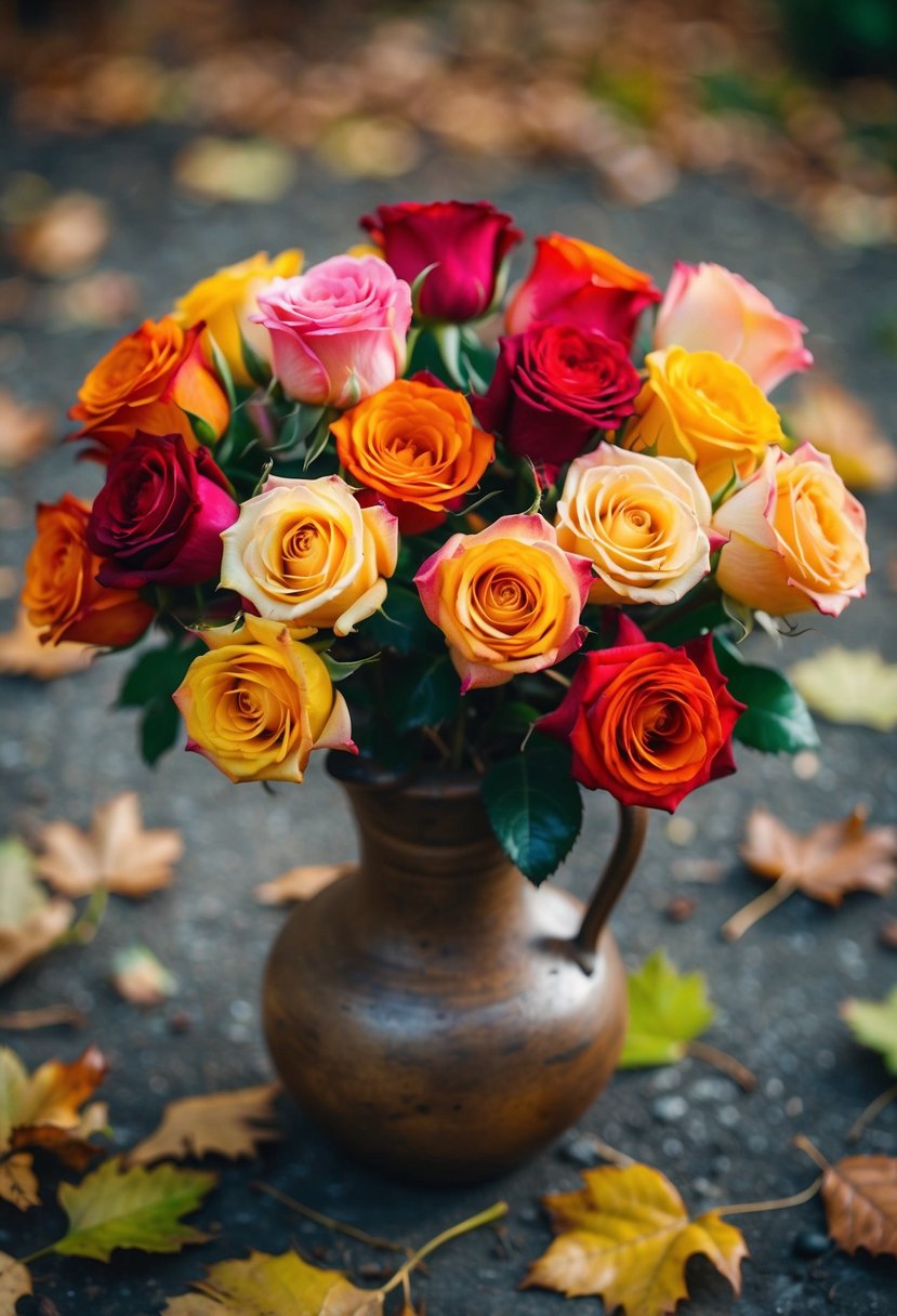 A bouquet of spray roses in various autumn hues splashes out from a rustic vase, surrounded by scattered fallen leaves