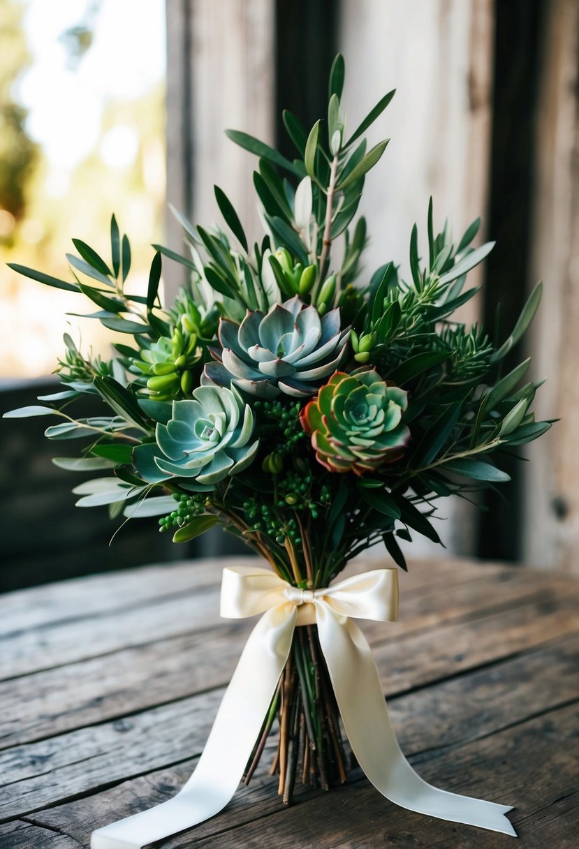 A lush bouquet of olive branches and succulents, tied with a satin ribbon, sits on a rustic wooden table