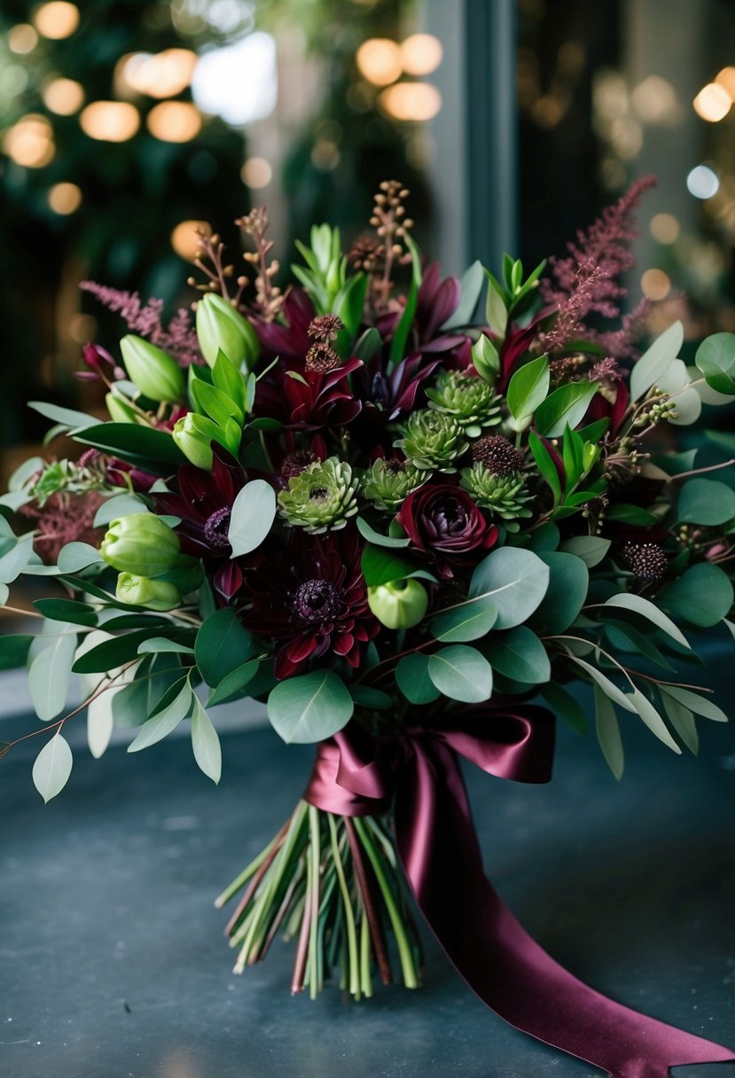 A lush bouquet of deep olive and rich burgundy flowers and foliage, tied with a satin ribbon