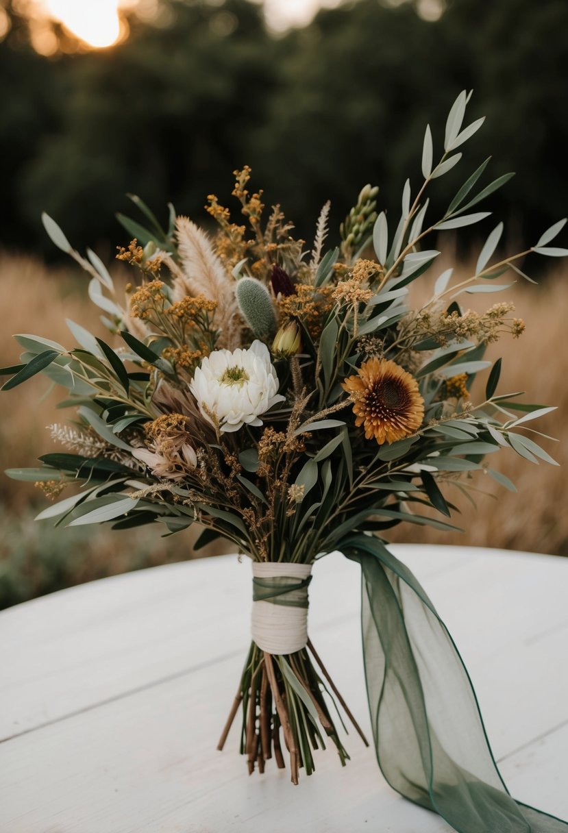 A rustic, bohemian wedding bouquet featuring olive branches and wildflowers in earthy tones, tied with a flowing ribbon