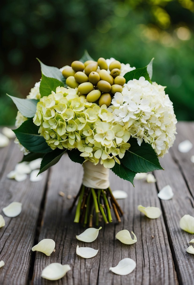 A rustic wooden table adorned with a vintage olive and hydrangea wedding bouquet, surrounded by scattered loose petals