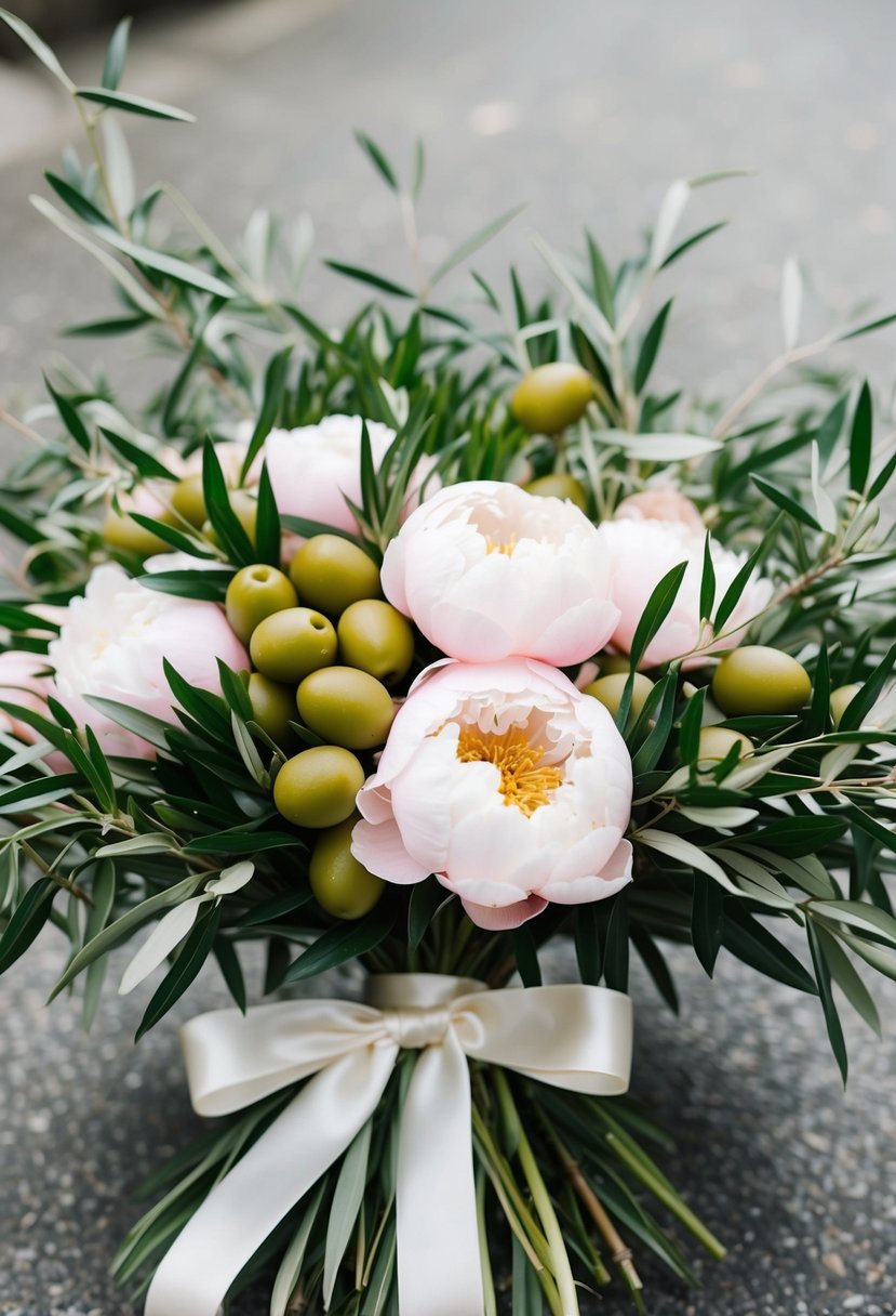 A lush bouquet of green olives and delicate pink peonies, intertwined with wisps of olive branches and tied with a satin ribbon