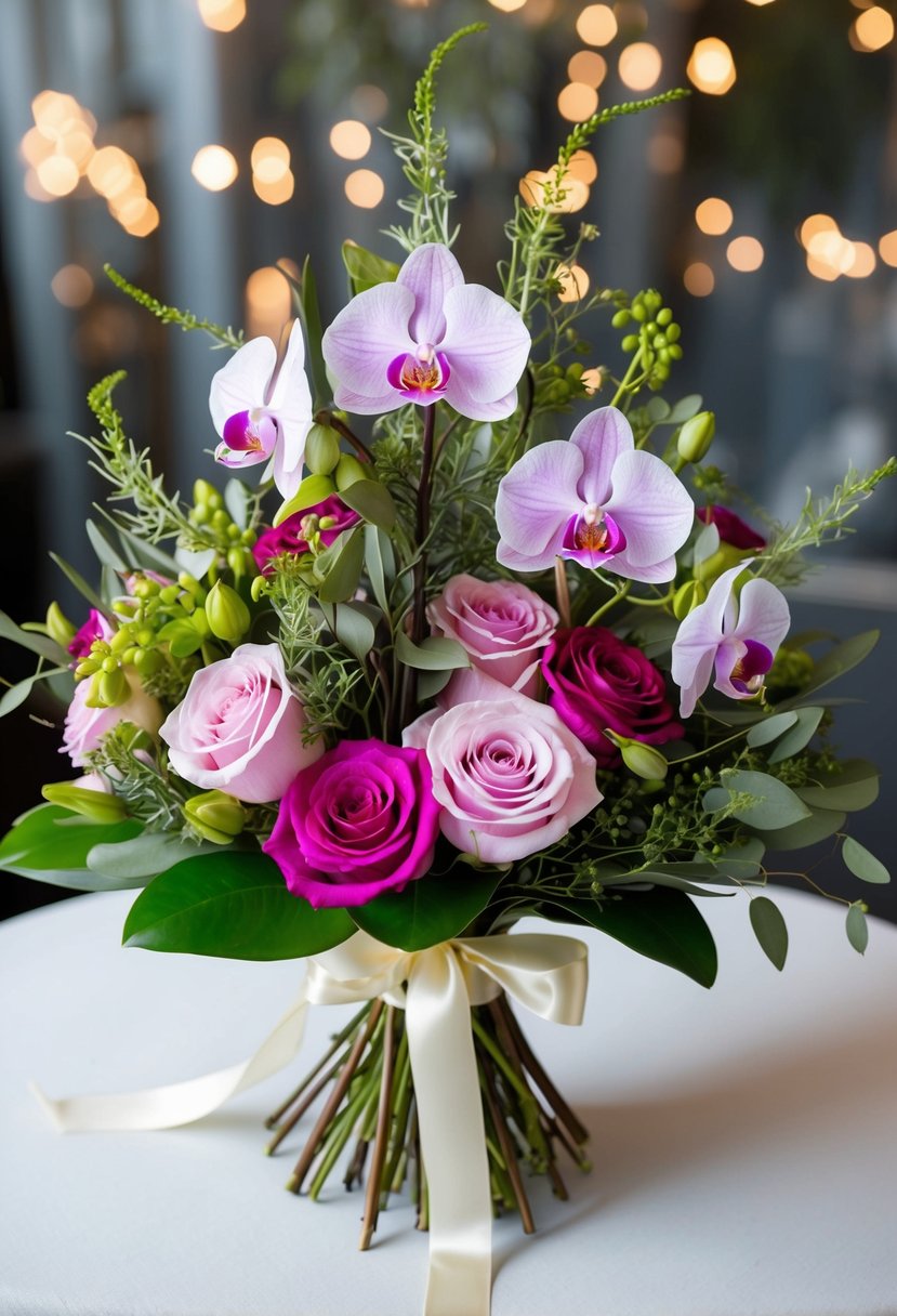 A lush bouquet of delicate orchids and vibrant roses, intertwined with greenery and tied with a satin ribbon